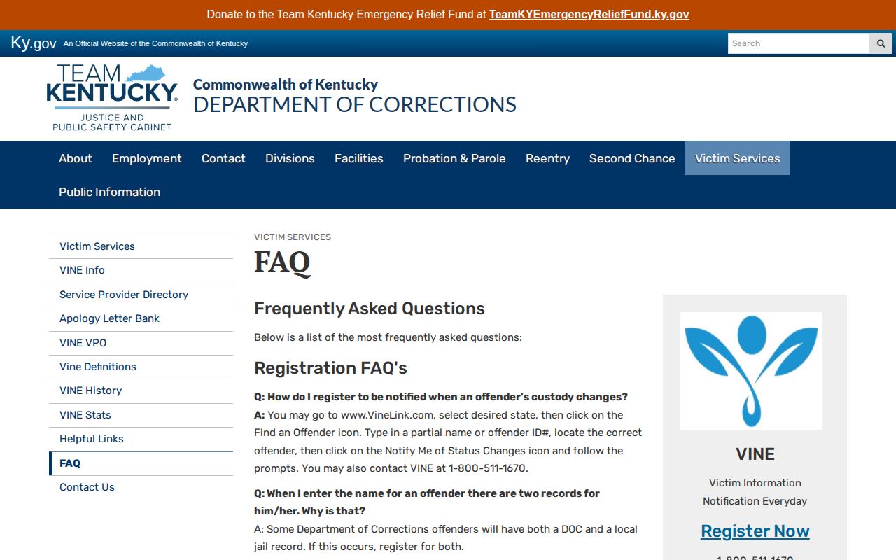 Kentucky VINE frequently asked questions with search instructions