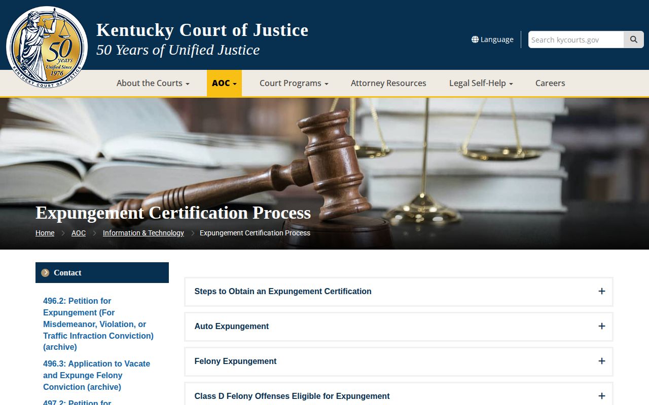 Kentucky Courts official expungement page