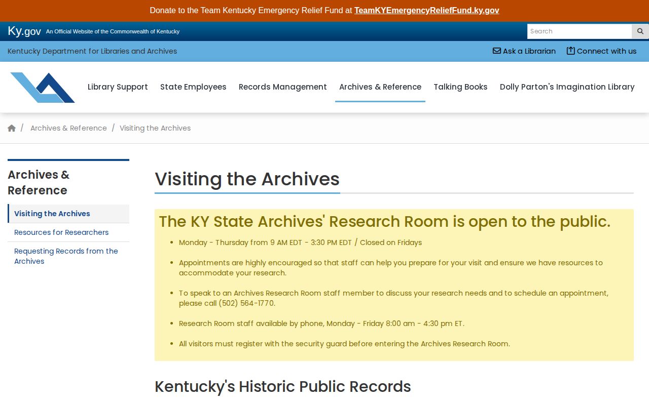 Kentucky Department for Libraries and Archives access page